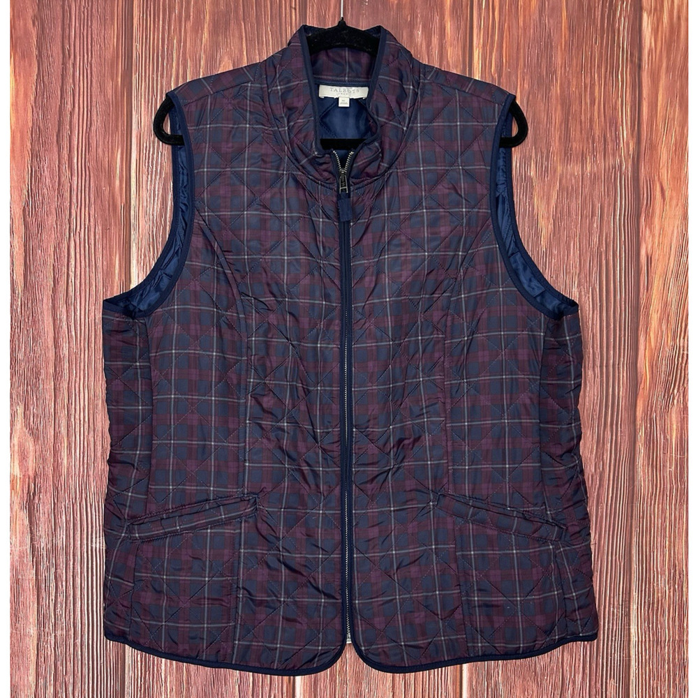 Talbots Women Full Zip Quilted Vest Plaid Polyester Multicolor Size XL Pockets